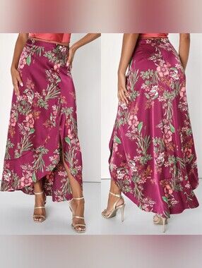 Lulus Superbly Stunning Plum Purple Floral Print Satin Maxi Skirt XXS Wedding